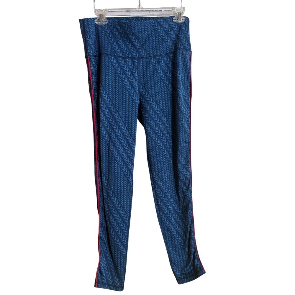 Aerie Chill Play Move Blue Cable Knit Print Leggings‎ Red Side Stripe XL